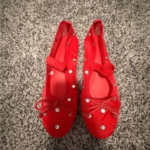 Coutgo Maryjane Red Embellished Ballet Flats with Bow